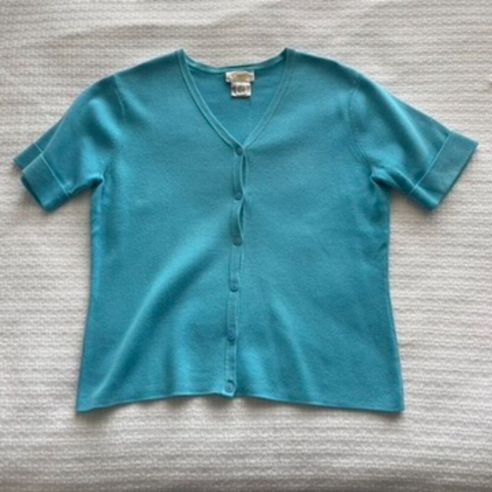 M Talbots Blue Short-Sleeve V-Neck Cardigan